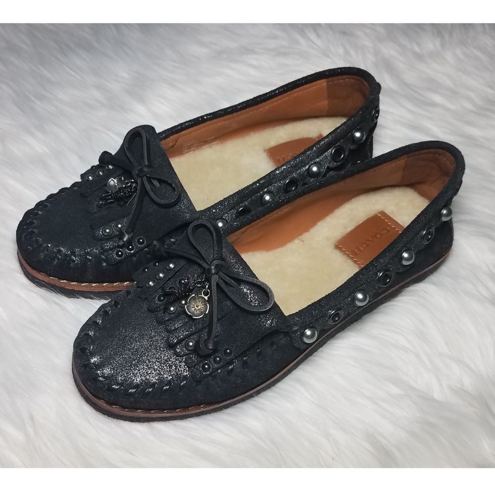 NWOB|Coach Black Leather & Fur Rexy Roccasin Moccasin Shoes, 5